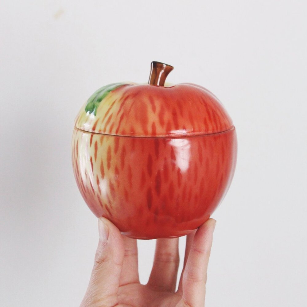 Vintage Hand Painted Apple Ceramic Lidded Jar or Trinket Box - Czechoslovakia
